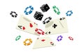 Falling cards and chips. Playing casino accessories for poker, floating red and black coins, money winning gambling game