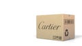 Falling carton with Cartier logo. Editorial 3D animation