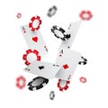 Falling casino chips and aces with blurred elements, vector illustration