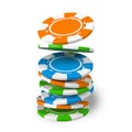 Falling casino chips forming stack in 3D illustration.