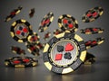 Falling casino chips on reflective dark background. 3D illustration