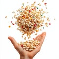 Falling cereal on handful of popcorn, isolated on transparent background Royalty Free Stock Photo