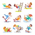 Falling children. Kids lose balance. People stumble or slip. Traumatic situation. Bruises or scratches. Boy rides