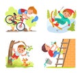 Falling children scenes. Frightened boys slip and fall down stairs. Teen person climbing tree or stepladder. Kids skis Royalty Free Stock Photo