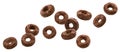 Falling chocolate corn rings isolated on white background Royalty Free Stock Photo
