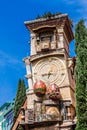 Falling Clock tower of puppet theater Rezo Gabriadze in old town of Tbilisi. Georgia Royalty Free Stock Photo