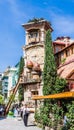 Falling Clock tower of puppet theater Rezo Gabriadze in old town of Tbilisi. Georgia