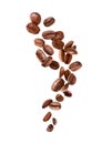 Falling coffee beans in the air close up isolated on a white background Royalty Free Stock Photo