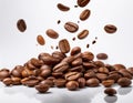 Falling coffee beans isolated on a solid white background Royalty Free Stock Photo