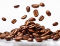 Falling coffee beans isolated on a solid white background Royalty Free Stock Photo