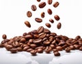 Falling coffee beans isolated on a solid white background Royalty Free Stock Photo