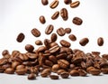 Falling coffee beans isolated on a solid white background Royalty Free Stock Photo
