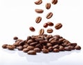 Falling coffee beans isolated on a solid white background Royalty Free Stock Photo