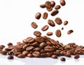 Falling coffee beans isolated on a solid white background Royalty Free Stock Photo