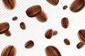 Falling coffee beans isolated on transparent background. Flying defocusing coffee grains. Applicable for cafe advertising, package