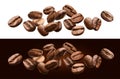 Falling coffee beans isolated on white and black background