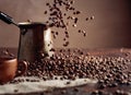 Falling coffee beans and old copper coffee maker Royalty Free Stock Photo