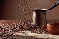 Falling coffee beans and old copper coffee maker Royalty Free Stock Photo