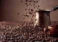 Falling coffee beans and old copper coffee maker Royalty Free Stock Photo