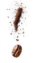Falling coffee grounds and roasted bean on white background Royalty Free Stock Photo