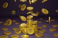 .Falling coins, falling money, flying gold coins, golden rain. Gold coins stacks and drop with gold dollar sign. Royalty Free Stock Photo