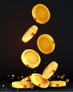 Falling coins, falling money, flying gold coins, golden rain. Jackpot or success concept. Modern background. Royalty Free Stock Photo