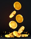 Falling coins, falling money, flying gold coins, golden rain. Jackpot or success concept. Modern background Royalty Free Stock Photo