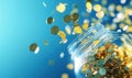 Falling coins from glass jar creating a dynamic and vibrant financial scene Royalty Free Stock Photo