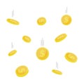 Falling coins with gray track icon. Flying gold dollar coin. Template design of income and profits