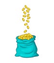 Falling coins in money bag. flying gold into heap,pile in full sack.Cash fall down. Vector illustration isolated on white Royalty Free Stock Photo