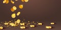 Falling coins, falling money, flying gold coins, golden rain. Jackpot or success concept. Modern background. Royalty Free Stock Photo