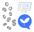 Digital Finance Growth Concept with Falling Coins, Computer Screen, and Eco Icon Royalty Free Stock Photo