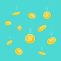 Falling coins with white track on blue background. Flying gold dollar coin icon. Template design of income and profits