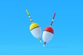 Falling colorful fishing floats. Accessories for hobby and leisure