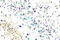 Falling colorful glitter foil confetti, color on white background, holiday and festive fun