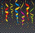 Falling colorful shiny streamers and confetti isolated on transparent background