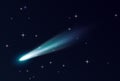 Falling comet, asteroid or meteor with blue flame trail in cosmos. Realistic black sky with stars