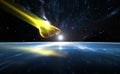 Falling comet and blue Planet Earth