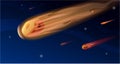 Falling comet or meteorite at outer space vector flat illustration. Cosmic asteroid burning bullet