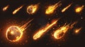 Falling comets, asteroids or meteors with flame trails isolated on transparent background. Modern realistic set of Royalty Free Stock Photo