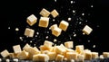 Falling cubes of white cheese isolated on black background Royalty Free Stock Photo