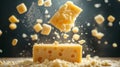 Falling Cubes of Yellow Cheese on Dark Background Royalty Free Stock Photo