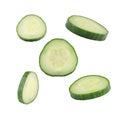 Falling Cucumber Slice Isolated on White Background, Close Up Vegetable in Air Royalty Free Stock Photo