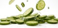 Falling cucumber slices isolated on transparent background.