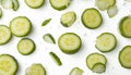 Falling cucumber slices isolated on transparent background.