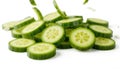Falling cucumber slices isolated on transparent background.