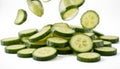 Falling cucumber slices isolated on transparent background.