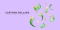 Falling 3D cartoon money. Realistic green currency and gold coin. Financial and business success or casino jackpot
