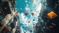 Falling debris and microplastics create surreal urban scene