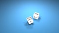 Falling dice. Two white cubes. White dice. Vlue table. 3D render.